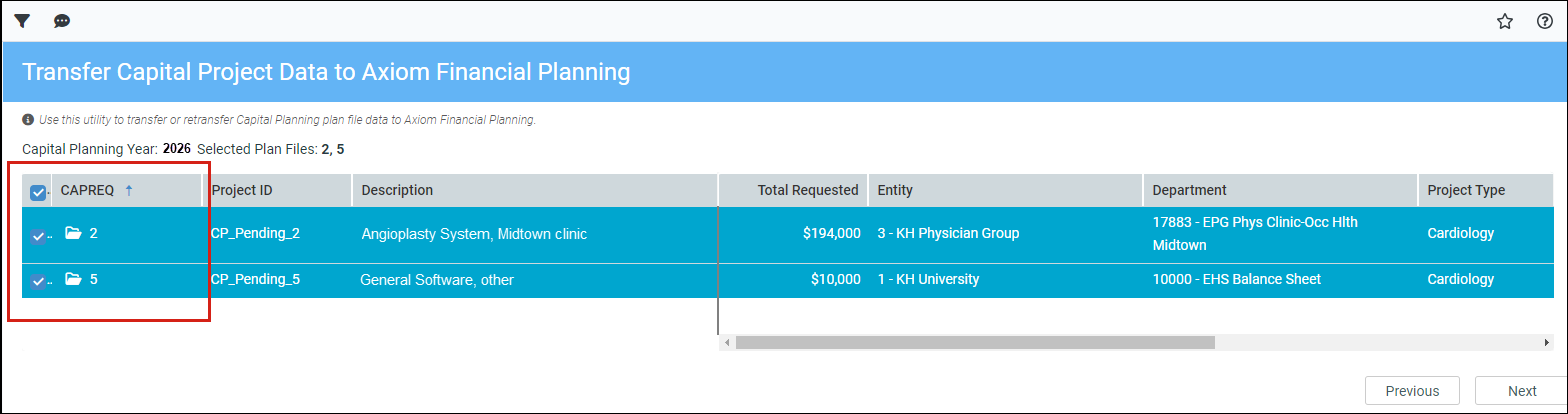 Transfer Capital Projects to Financial Planning utilty with the  list of projects page