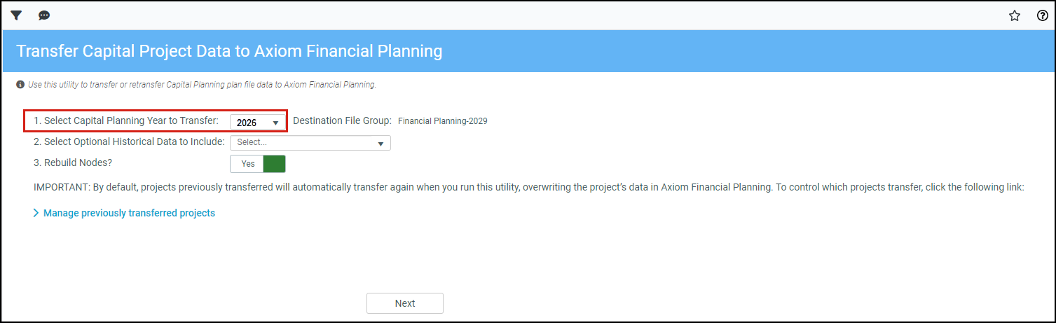 Transfer Capital Projects to Financial Planning utility with an arrow point to the Seelct Capital Planning Year to Transfer field 