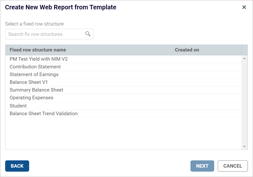 Row Structure Create new web reports from a template